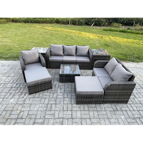 Fimous Meubles de jardin en rotin 8 places avec Gris Coussins 2 Table basse carrées d'appoint 2 Grand tabourets (1/5)