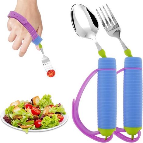 Set aus 2 vibrationsfesten Besteckteilen für Senioren und Menschen mit Behinderungen – Gabel und Löffel mit Handschlaufe, für Personen mit Tremor (1/5)