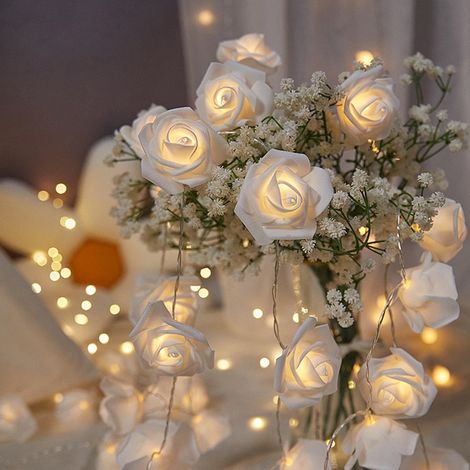 Guirlande Lumineuse LED En Forme De Rose - 20 LED - 150 cm - Blanc - Alimentée Par Piles - Pour Chambre À Coucher, Mariage, Fête, Jardin, Cadeau De La Saint-Valentin (1/5)