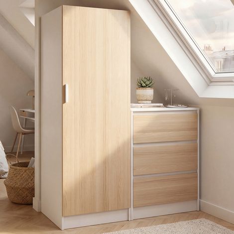 Armario de 1 puerta AMBRE con arcón de 3 cajones 100 cm modular acabado haya y blanco (1/5)