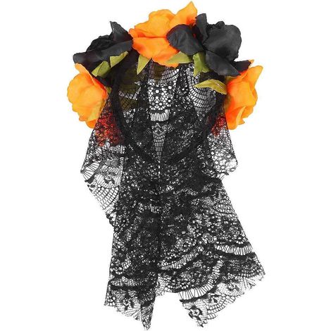 Accessoire de cheveux pour Halloween : serre-tête fleuri, bandeau de fête, fleur artificielle créative, accessoire photo, voile en dentelle (noir et orange)-30X20X18CM-Black (1/2)