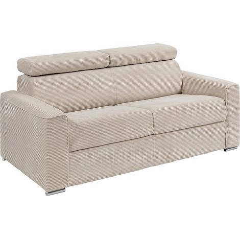 Canapé 4 places convertible express en velours côtelé beige avec assise mémoire de forme - Couchage 160 cm - Matelas 14 cm VIZIR