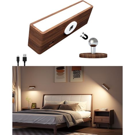 Lámpara de pared de madera a pilas, lámpara de pared magnética recargable, lámpara de pared adhesiva para dormitorio, lámpara de noche de pared regulable, lámpara de pared de batería inalámbrica para 
