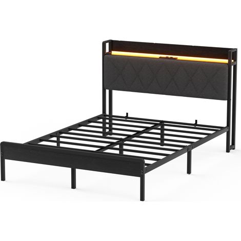 Lit double 140x190 cm avec tête de lit rembourrée, station de charge USB et espace de rangement, cadre métal noir et gris anthracite sans matelas (1/5)