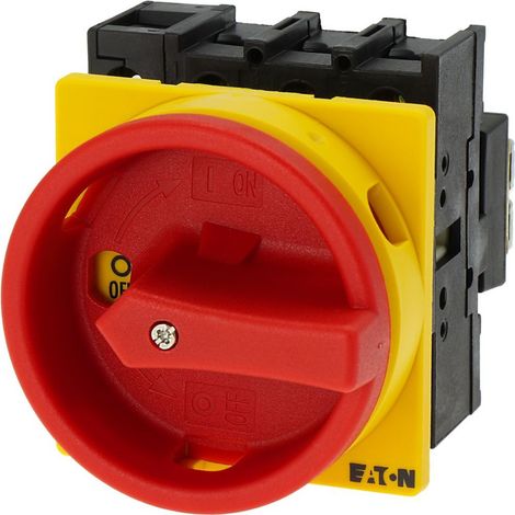 Interruttore principale Eaton, P1, 32 A, Montaggio a incasso, Tripolare + N, Funzione di ARRESTO DI EMERGENZA, con maniglia rotativa rossa e ghiera di blocco gialla, Bloccabile in posizione 0, 091079