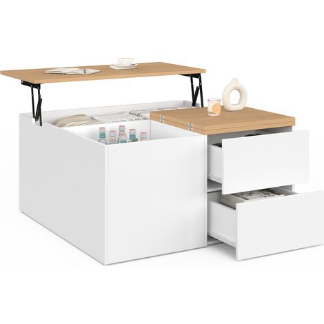 Table basse plateau relevable carrée CALIA 80 cm avec 2 coffres et 2 tiroirs blanc et bois (1/5)
