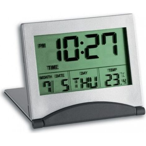 Réveil - Radio Réveil - Écran Rétroéclairé - Alimentation CR 2025 - Dimensions 71 x 13 x 62 mm - Gris Argent