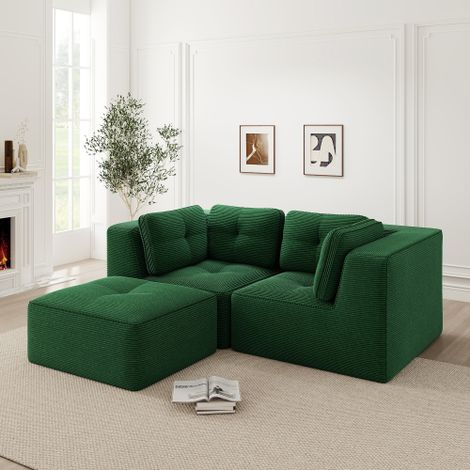 Modulares und konfigurierbares Ecksofa, zweisitziges, rahmenloses L-förmiges Sofa mit beweglicher Fußstütze, bequemer Cordstoff, geeignet für Wohn- und Schlafzimmer,Grün 
WL