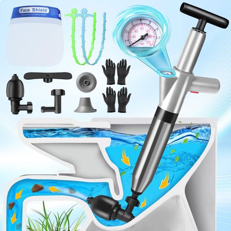 Deboucheur WC, Ventouse Deboucheur Canalisation Haute Pression Deboucheur Toilette Air Comprime avec Baromètre Visuel pour Salle de Bain, Cuisine, Siphon de Sol, Évier, Baignoire (1/5)