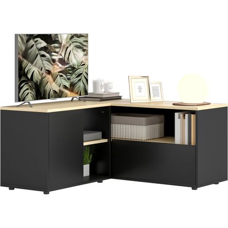 Meuble TV Meuble TV d'angle banc télévision jusqu'à 40 pouces avec 2 placards et 3 niches 90 x 90 x 45 cm chêne et noir (1/5)