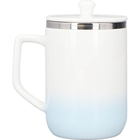 360 ml selbstumrührender Keramikbecher, wiederaufladbar, automatischer Rührbecher für heiße Schokolade und Milch, blau-weiße Farbverlaufsglasur (1/5)