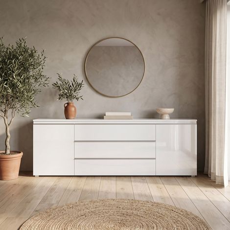 Buffet moderne 240 cm blanc brillant – 2 portes battantes – 3 tiroirs – Structure mélaminée – Fabrication italienne – Deladeco