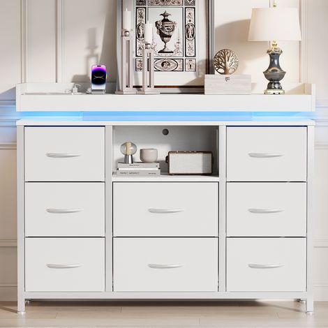 JOOKGBD–Kommode mit Stoffschubladen,Stoffkommode mit Metallrahmen und 8 geräumige, Holzplatte,Kommodenschrank mit LED und USB,Flurkommode für Schlafzimmer,Wohnzimmer,Weiß