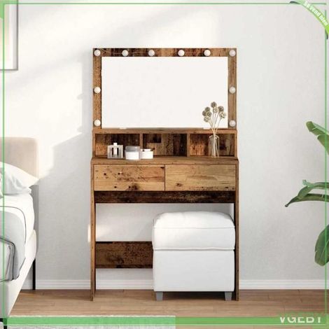 Table de Toilette - ABI - Bois ancien - Éclairage LED - Miroir et tiroir inclus (1/5)