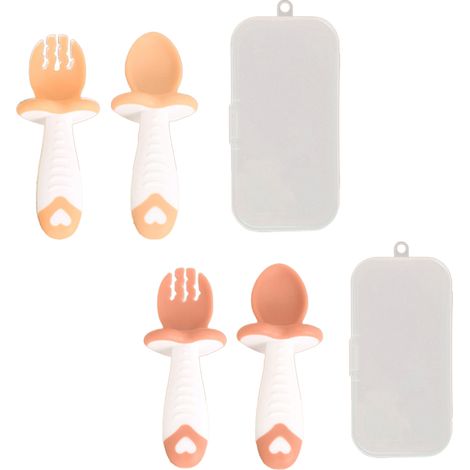 Cuillère Et Fourchette Pour Bébé - Manche Court En PP Et TPE Sans BPA - Jeu D'apprentissage Pour Manger - 2 Pièces Chaque + 2 Boîtes De Rangement PP (1/5)