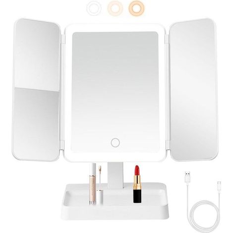 Miroir de maquillage sur pied rechargeable à trois volets avec écran tactile, grossissement 2x et 3x et éclairage LED (1/5)