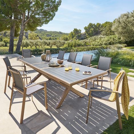 Hesperide – Table de jardin extensible 10 places en aluminium – Plateau à rallonge automatique 59cm – Design moderne effet bois – Pieds réglables