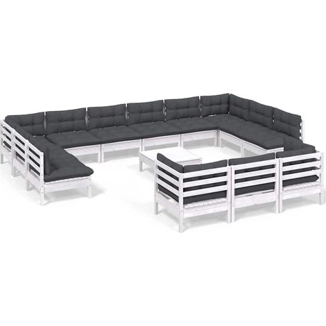 Cuscini da giardino - vidaXL Set Divani da Giardino 14 pz con Cuscini Bianchi Legno di Pino - Divano angolare (1/5)