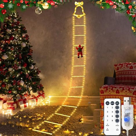 Escalera iluminada de Papá Noel con campanillas LED, guirnalda de luces para el árbol de Navidad, decoración festiva, iluminación ambiental colorida, escalera de 3 m y 12 pies. (1/5)