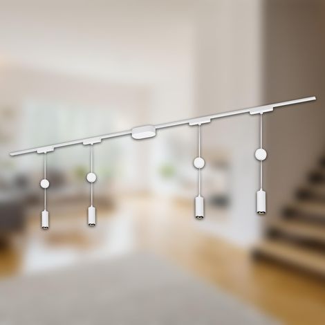 Système de rail set complet, 4x LED suspension, hauteur réglable, lampes, système de rail lumineux pour plafond, spot rail, plafonnier, spotlight, 2m, blanc (1/5)