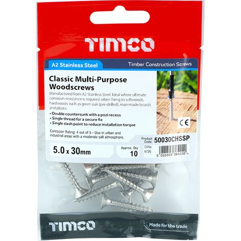 TIMCO Classic Multi-Purpose Countersunk A2 Stainless Steel Woodcrews - 5.0 x 30