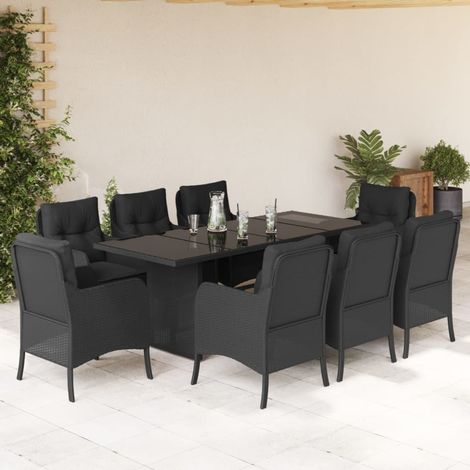 Salon de jardin 9 pièces avec table et 8 chaises, résine tressée noire, coussins - PANGIVO (1/5)