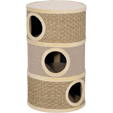 Tiragraffi a tre livelli, alto 79 cm, Ø45 cm, con corda in sisal, ideale per gatti di grossa taglia, colore kaki e marrone.