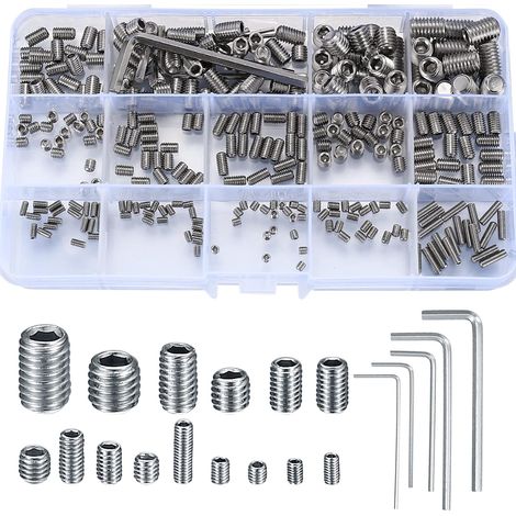 300 Pièces Vis Sans Tête Hexagonale, M2.5/M3/M4/M5/M6/M8 Vis Filetée Internes, Assortiment Kit de Fixations Vis Pointeau pour Poignées de Porte, avec Clé Allen - Argent (1/2)