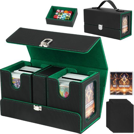 Deck Box MTG/TCG 3-en-1 – Boîte de Rangement Cartes 200+ Double Sleeves, 2 Deck Box avec Plateau à Dés et Fenêtre Commandant, Porte Cartes à Collectionner en Cuir PU Magnétique, noir et vert (1/5)