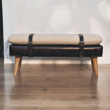 Bouclé Buffalo Hide Black Leather Bench (1/5)