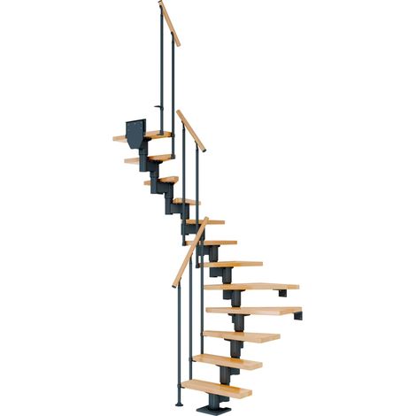 Dolle Mittelholmtreppe Dublin 1/2 gewendelt aus Buche lackiert 61 cm breit für GH 259–315 cm UK Metall Anthrazit mit Einzelstabgeländer