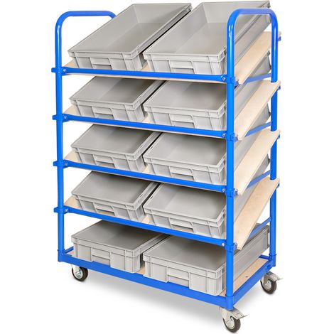 BRB Schrägboden-Regalwagen BxTxH 1050x500x1450 mm, mit 5 Ebenen, 2 Lenk-/2 Bockrollen, bestückt mit 10 Euroboxen BxTxH 600x400x120 mm (grau)