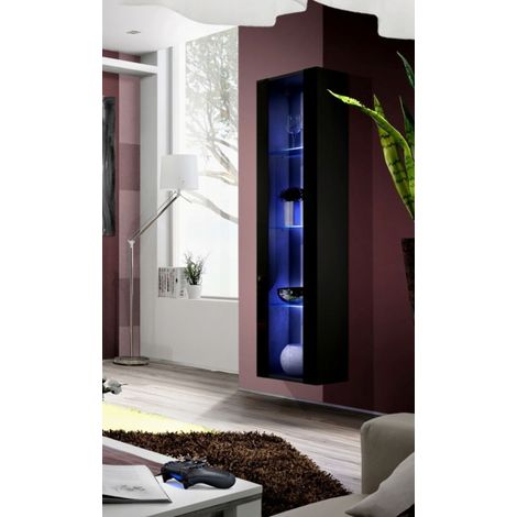 Vitrine murale Fly 41 avec éclairage LED - Bois MDF noir brillant - 40 x 170 x 29 cm - Livraison gratuite (1/3)