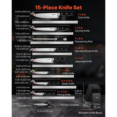 Ensemble Couteaux Cuisine avec Bloc, 15 PCS Tranchants en Acier Inoxydable à Haute Teneur, Bloc à Ustensiles de Cuisine en Bois, Se… (1/5)