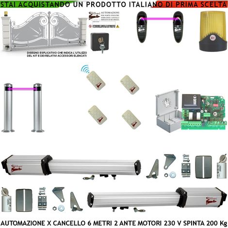 Automatismo Cancello 6 Metri 2 Ante Kit Motori Elettromeccanici 230 V Sblocco Corsa 500mm Spinta 2 Q.tali Centrale 2 Coppie di Fotocellule 2 Paline 4 Radiocomandi Faro Selettore 2 Ck Cartello Monitore (1/5)