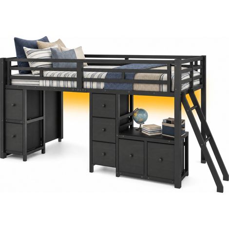 CHICFURN Cama alta infantil de metal negro 90x200 cm con almacenaje y LED (1/5)