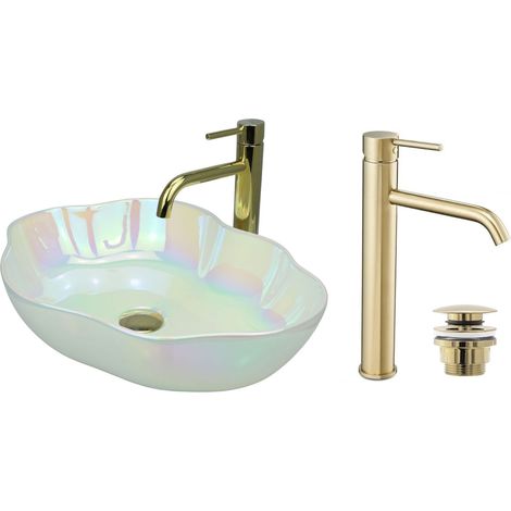 GTM Design Aufsatzwaschbecken 50 cm Glanz Set mit Waschtischbatterie und Stopfen - Aufsatzwaschbecken Oval für Badezimmer - Modern Waschbecken ohne Hahnloch - Waschbecken mit Armature (1/5)