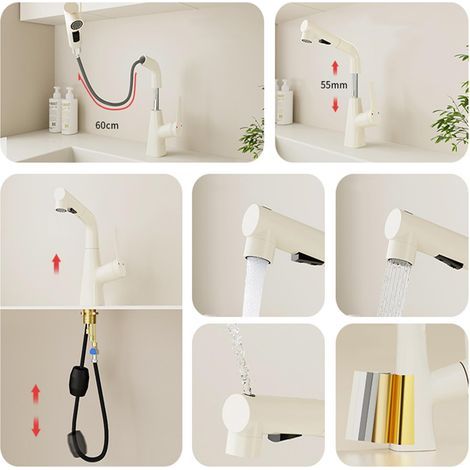 Basin taps with Pull Out Spray Brass Hot Water and Cold Water washbasin Faucet Swivel Retractable Bathroom Faucet-White