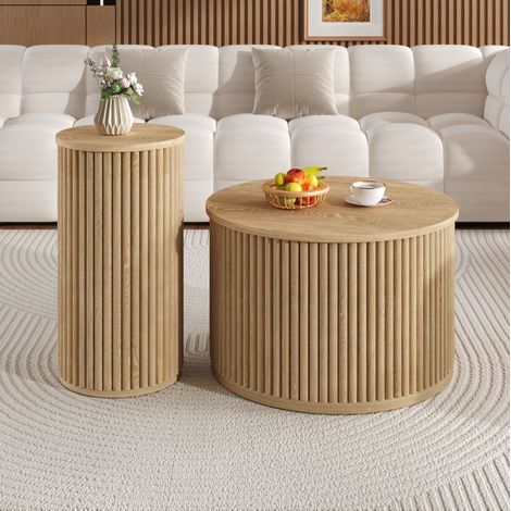 Tavolino da caffè rotondo impilabile 60x60x38,5/30x30x56 cm naturale, set da 2, MDF MEUBLIV (1/5)
