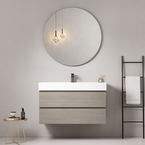 Mobile bagno sospeso 100 cm Beige Lavabo in Resina Specchio Tondo - Fiji Wood
