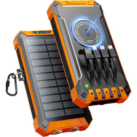 26800mAh Batterie Externe Solaire avec 4 Câbles, USB-C 15W Charge Rapide Chargeur Solaire Portable sans Fil, Power Bank 6 Sorties 3 Entrées pour Téléphone, avec Lampe de Poche, Mousqueton (1/5)