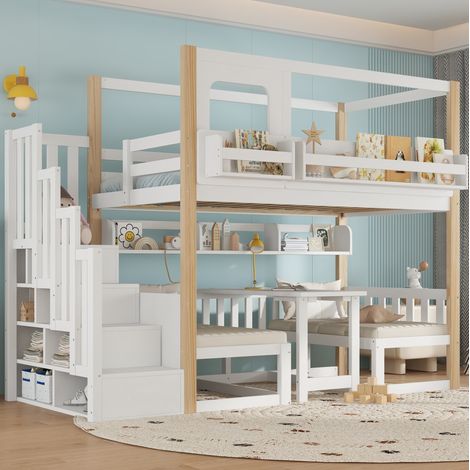 Etagenbett aus Holz Weiß+Natur 90x200 cm mit Klapptisch, Aufbewahrungstreppe und Bücherregal