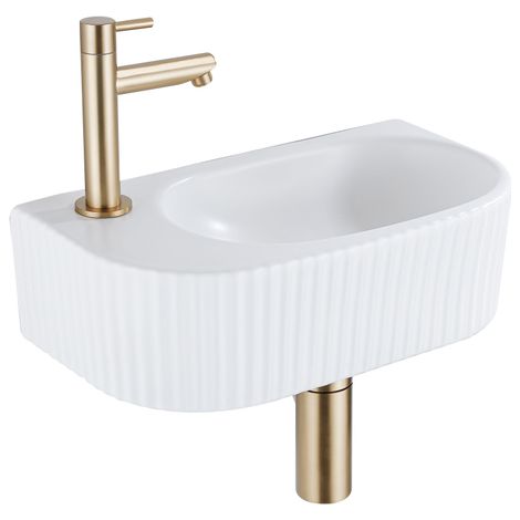 QeramiQ Fuente Ensemble de lavabo - 40x21.5x12cm - gauche - nervuré - demi-rond - 1 trou de robinet - céramique - robinet de lave-mains laiton brossé (1/5)