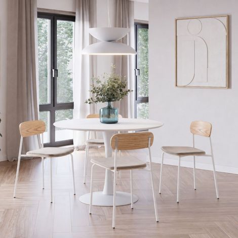 Table ronde blanche + 4 chaises bois beige et métal blanc - CANTIQUE (1/5)