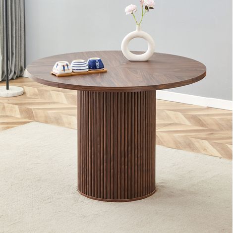 Mesa de comedor redonda de Ø100 cm para 4 a 6 personas con espacio de almacenamiento, montaje rápido, MDF efecto nogal. (1/5)