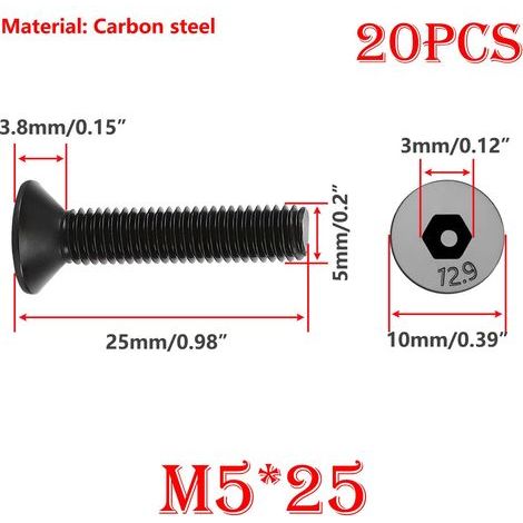 20 pièces Vis à Tête Fraisée M5x25mm Vis à Tête Plate à Six Pans Creux, Vis Hexagonales en Acier au Carbone, Filetage Complet (1/5)