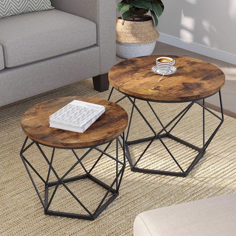 Vasagle – Lot de 2 tables basses rondes – Cadre en acier noir – Plateau amovible – Style industriel – Marron rustique – Dimensions 50x40cm et 40x36cm