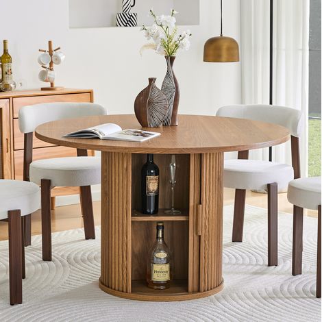 Tavolo rotondo da pranzo in legno composito noce Ø120x75 cm con doppio vano contenitore, 4-6 posti