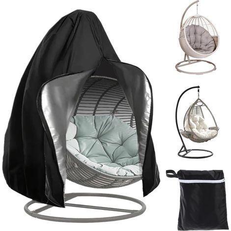 Housse de Chaise Suspendue de Patio avec Fermeture éclair, Imperméable Coupe Vent Anti-UV Housse de Chaise à œufs Pivotante, Housse de Chaise à Siège Unique,190 x 15 cm (Noir) (1/5)