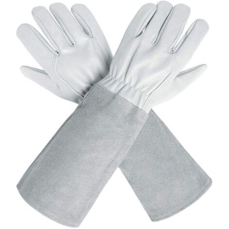Gants de Jardinage en Cuir Respirant pour Homme et Femme avec Gant Anti-épine, Manches Longues en Cuir de Vache pour Jardinier et Fermier, Blanc-L